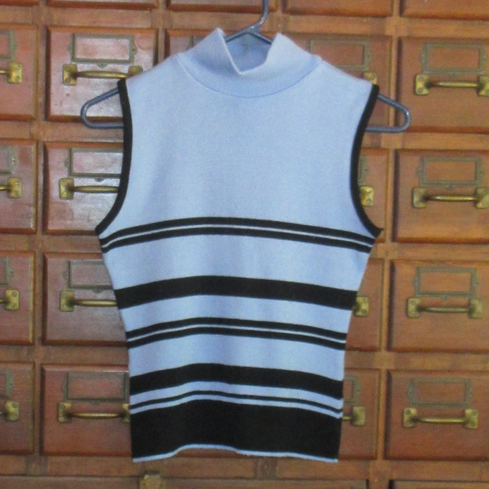 Large Striped Blue Knit Sleeveless Turtleneck Sweater